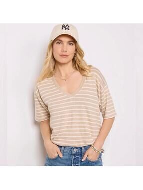 Faherty Oceanside Linen Relaxed V Neck Tee Sz M Tan White Boho Nautical Striped